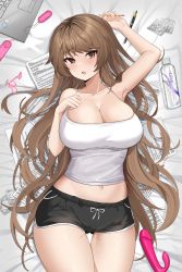 Rule 34 | 1girl, absurdres, armpits, bare shoulders, blush, bottle, bow, breasts, brown eyes, brown hair, cleavage, computer, condom, condom wrapper, dildo, egg vibrator, gluteal fold, highres, laptop, large breasts, long hair, looking at viewer, lying, navel, on back, open mouth, original, paper, pen, pencil, pussy juice, rabbit vibrator, ribbon, sex toy, short shorts, shorts, solo, somyo (s0my0), sweat, tank top, thigh gap, thighs, used condom, very long hair, vibrator, water bottle