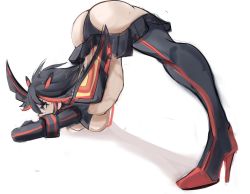 Rule 34 | 1girl, ass, black hair, black skirt, black thighhighs, blue eyes, boots, breasts, gloves, high heel boots, high heels, highres, impossible clothes, jack-o&#039; challenge, kill la kill, large breasts, long sleeves, lying, makeup, matoi ryuuko, medium breasts, miniskirt, multicolored hair, parody, pleated skirt, rakeemspoon, red hair, revealing clothes, senketsu, short hair, skirt, solo, thigh boots, thighhighs, top-down bottom-up, two-tone hair, underboob, white background