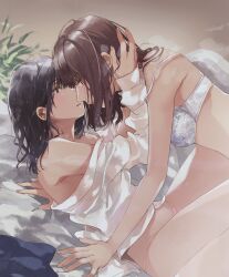 Rule 34 | 2girls, black eyes, black hair, bra, breasts, brown hair, eye contact, fly (marguerite), highres, imminent kiss, looking at another, medium breasts, multiple girls, open clothes, open shirt, original, panties, parted lips, pink panties, shirt, sleeves past wrists, strap slip, underwear, white bra, white shirt, yuri