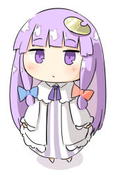 Rule 34 | 1girl, arnest, blue bow, blunt bangs, bow, chibi, crescent, crescent hair ornament, dress, full body, hair bow, hair ornament, long hair, long sleeves, looking at viewer, neck ribbon, no headwear, patchouli knowledge, purple eyes, purple hair, purple ribbon, red bow, ribbon, simple background, solo, striped clothes, striped dress, touhou, white background