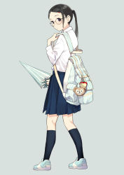 Rule 34 | 1girl, backpack, bag, bag charm, blue skirt, blue socks, brown hair, charm (object), closed mouth, commentary, from behind, full body, glasses, grey background, hair ornament, hairclip, hand up, highres, holding, long hair, long sleeves, looking at viewer, looking back, morifumi, original, pleated skirt, ponytail, round eyewear, shirt, shoes, simple background, skirt, socks, solo, umbrella, white shirt