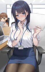 Rule 34 | 2girls, black pantyhose, blue eyes, blue hair, blue skirt, blush, breasts, brown hair, chair, collared shirt, commentary request, computer, desk, flying sweatdrops, hair ornament, hairclip, hands up, highres, holding, holding paper, laptop, large breasts, looking at viewer, medium hair, multiple girls, nose blush, office, office chair, office lady, ol-chan (udon), original, pantyhose, paper, pencil skirt, shirt, shirt tucked in, short hair, sitting, skirt, sleeves rolled up, solo focus, swivel chair, udon (udonalium), white shirt