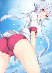 Rule 34 | 1girl, ahoge, alternate costume, ass, blush, breasts, buruma, cameltoe, day, gym uniform, hair between eyes, large breasts, long hair, looking at viewer, looking back, matoi (pso2), milkpanda, open mouth, phantasy star, phantasy star online 2, red eyes, school swimsuit, see-through, shirt, sky, solo, spread legs, swimsuit, twintails, white hair