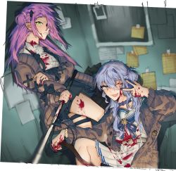 Rule 34 | 2girls, black skirt, blood, blood on clothes, blood on face, blood on hands, blue hair, hand up, highres, hololive, hoshimachi suisei, hoshimachi suisei (school uniform), jacket, long hair, long sleeves, looking at viewer, multiple girls, one eye closed, open clothes, open jacket, pink hair, pleated skirt, shirt, skirt, songerienacht, sweatdrop, thigh strap, thighs, tokoyami towa, tongue, tongue out, virtual youtuber, w, white shirt, white skirt, yellow eyes