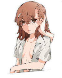Rule 34 | 1girl, absurdres, blush, breasts, breasts apart, brown eyes, brown hair, collarbone, collared shirt, commentary request, cropped torso, disembodied hand, eyebrows visible through hat, hair between eyes, hair ornament, hairclip, hand in another&#039;s hair, higashizukihi sei, highres, looking at viewer, medium hair, misaka mikoto, no bra, no vest, open clothes, open shirt, parted lips, school uniform, shirt, short sleeves, simple background, small breasts, solo, summer uniform, sweat, toaru kagaku no railgun, toaru majutsu no index, tokiwadai school uniform, upper body, white background, white shirt