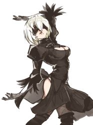 Rule 34 | 1girl, android, arm up, black dress, black gloves, black thighhighs, blindfold, boots, breasts, cleavage, cleavage cutout, clothing cutout, dress, feather-trimmed sleeves, gloves, juliet sleeves, long sleeves, mole, mole under mouth, nier:automata, nier (series), panties, pantyshot, puffy sleeves, rtil, side slit, silver hair, sketch, standing, thigh boots, thighhighs, underwear, white panties, 2b (nier:automata)
