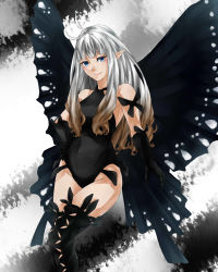 Rule 34 | 1girl, anne (bravely second), antenna hair, blue eyes, bravely default: flying fairy, bravely default (series), bravely second: end layer, butterfly wings, fairy, gloves, gradient hair, hand on own hip, highres, insect wings, leotard, long hair, multicolored hair, pointy ears, silver hair, smile, solo, thighhighs, wings