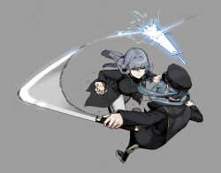 Rule 34 | 2girls, black coat, black footwear, black headwear, blue hair, boots, breasts, brown pantyhose, buttons, cape, claw pose, closed eyes, closed mouth, coat, fighting, full body, gogalking, grey background, grey hair, hat, highres, holding, holding sword, holding weapon, large breasts, long hair, long sleeves, magic, martial arts, military hat, military uniform, multiple girls, ofelia (gogalking), original, pants, pantyhose, portia (gogalking), simple background, sparks, speed lines, swinging, sword, uniform, weapon, white pants