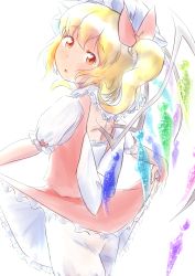 Rule 34 | 1girl, ass, back, back bow, blonde hair, bloomers, blush, bow, clothes lift, cowboy shot, female focus, flandre scarlet, frilled skirt, frills, from behind, hair bow, hat, highres, katsura dendou, lifted by self, looking at viewer, looking back, mob cap, open mouth, puffy short sleeves, puffy sleeves, red eyes, red vest, shirt, short hair, short sleeves, simple background, skirt, skirt lift, solo, standing, touhou, two side up, underwear, vest, white background, white hat, white shirt, wings