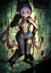 Rule 34 | 1girl, against wall, barefoot, black gloves, bodysuit, breasts, chromatic aberration, dagger, dark-skinned female, dark skin, facing viewer, fate/grand order, fate/prototype, fate/prototype: fragments of blue and silver, fate (series), full body, gloves, hair between eyes, hand up, hassan of serenity (fate), holding, holding weapon, indoors, knife, leotard, looking at viewer, looking to the side, medium breasts, mephisto (angraecum), navel, parted lips, prison, purple eyes, purple hair, short hair, solo, standing, weapon