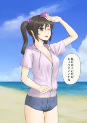 Rule 34 | 1girl, beach, blue sky, brown eyes, brown hair, cloud, contemporary, day, female focus, hat, himekaidou hatate, jacket, kitano (kitanosnowwhite), long hair, ocean, one eye closed, outdoors, short shorts, shorts, sky, solo, tokin hat, touhou, translation request, twintails, water, wink