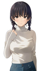 Rule 34 | 1girl, artist name, black hair, braid, breasts, brown eyes, denim, hand up, jeans, mattaku mousuke, original, pants, parted lips, ribbed sweater, simple background, sleeves past wrists, solo, sweater, twin braids, upper body, watermark, white background