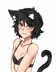 Rule 34 | 1girl, :3, animal ear fluff, animal ears, black bra, black hair, blush, bra, cat ears, cat tail, collarbone, commentary, flat chest, freckles, kemonomimi mode, looking at viewer, mari (twrlare), no shirt, original, short hair, simple background, smile, solo, tail, twrlare, underwear, upper body, white background, yellow eyes
