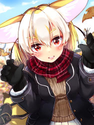 Rule 34 | 10s, 1girl, :d, alternate costume, animal ears, autumn, autumn leaves, bag, black gloves, black hair, black jacket, blonde hair, blush, brown sweater, casual, commentary, contemporary, day, dutch angle, extra ears, fang, fennec (kemono friends), fox ears, fox tail, gloves, hair between eyes, hands up, highres, jacket, kemono friends, kinou no shika, leaf, lips, long sleeves, looking at viewer, medium hair, multicolored hair, open clothes, open jacket, open mouth, outdoors, plaid neckwear, red eyes, red scarf, scarf, shoulder bag, skirt, smile, solo, sweater, tail, upper body, white hair, winter clothes
