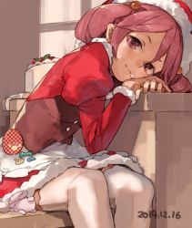 Rule 34 | 10s, 1girl, apron, bow, dated, food, food on face, hair bow, hat, head rest, kantai collection, looking at viewer, pink eyes, pink hair, santa costume, santa hat, sazanami (kancolle), sitting, skirt, solo, thighhighs, toro (konirio), twintails, white thighhighs