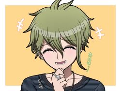 Rule 34 | 1boy, :d, amami rantaro, border, closed eyes, collarbone, danganronpa (series), danganronpa v3: killing harmony, green hair, hand on own chin, highres, jewelry, lower teeth only, male focus, messy hair, necklace, open mouth, orange background, portrait, ring, shirt, short hair, smile, solo, striped clothes, striped shirt, suiren yurei, teeth, translation request, white border