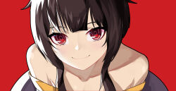 Rule 34 | 1girl, bare shoulders, black hair, blunt bangs, blush, close-up, closed mouth, collarbone, commentary, double-parted bangs, eyebrows hidden by hair, highres, kono subarashii sekai ni shukufuku wo!, looking at viewer, lyourika, megumin, red background, red eyes, ringed eyes, short hair with long locks, sidelighting, simple background, smile, solo, straight-on, upturned eyes