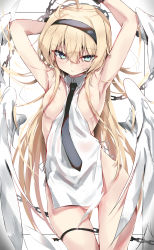 Rule 34 | 1girl, absurdres, ahoge, angel wings, areola slip, armpits, arms up, blonde hair, blue eyes, blush, breasts, chain, hair censor, hairband, highres, long hair, looking at viewer, necktie, original, parted lips, revealing clothes, small breasts, solo, toshizou (0714), wings