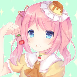 Rule 34 | 1girl, :q, ascot, blue eyes, blush, brown ascot, caramel (caramelmilk), cherry, choker, closed mouth, collared shirt, commentary request, food, food-themed clothes, frilled shirt collar, frills, fruit, green background, hand up, holding, holding food, original, pink hair, puffy short sleeves, puffy sleeves, shirt, short sleeves, smile, solo, sparkle background, swept bangs, tilted headwear, tongue, tongue out, twintails, upper body, yellow choker, yellow shirt