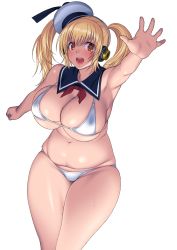Rule 34 | 1girl, bikini, blonde hair, breasts, city, cosplay, curvy, ghostbusters, headphones, highres, huge breasts, navel, nitroplus, ody, orange eyes, outstretched hand, partially translated, plump, school uniform, serafuku, shiny clothes, solo, stay puft, stay puft (cosplay), super pochaco, suzume inui, sweat, swimsuit, thick thighs, thighs, translation request, twintails, white bikini
