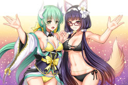 Rule 34 | 2girls, :d, animal ears, bare shoulders, bikini, black bikini, bow, breasts, cameltoe, collarbone, commentary request, corset, dragon girl, dragon horns, fate/grand order, fate (series), flower, fox ears, fox girl, fox tail, glasses, hair flower, hair ornament, hair ribbon, holding hands, horns, kiyohime (fate), kiyohime (fate/grand order), kiyohime (swimsuit lancer) (fate), kiyohime (swimsuit lancer) (first ascension) (fate), large breasts, looking at viewer, low twintails, medium breasts, multiple girls, open mouth, osakabehime (fate), osakabehime (foxy lady) (fate), red-framed eyewear, ribbon, side-tie bikini bottom, smile, sparkle, swimsuit, tail, twintails, white ribbon, yellow bikini, yellow bow, yellow ribbon, youshuu