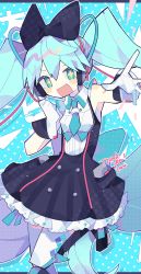 Rule 34 | 1girl, absurdres, aqua background, aqua eyes, aqua hair, aqua necktie, black bow, black dress, bow, cable, commentary, dress, foreshortening, frilled dress, frills, gloves, hair bow, hatsune miku, hatsushiro mamimu, headphones, highres, leg up, long hair, looking at viewer, magical mirai (vocaloid), magical mirai miku, magical mirai miku (2016), necktie, outstretched arm, polka dot, polka dot background, short necktie, solo, sparkling eyes, symbol-only commentary, thank you, twintails, very long hair, vocaloid, white gloves, white legwear