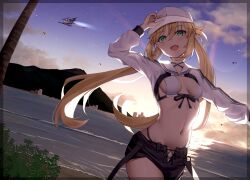 Rule 34 | 2girls, absurdres, artoria caster (fate), artoria caster (swimsuit) (fate), artoria caster (swimsuit) (first ascension) (fate), artoria pendragon (fate), asymmetrical clothes, backlighting, baseball cap, beach, bikini, black pants, blonde hair, blue sky, blush, breasts, cropped jacket, fate/grand order, fate (series), green eyes, hat, highres, jacket, long hair, long sleeves, looking at viewer, melusine (fate), melusine (swimsuit ruler) (fate), melusine (swimsuit ruler) (third ascension) (fate), multiple girls, navel, open mouth, pants, shore, shrug (clothing), single pantsleg, sky, small breasts, smile, solo focus, swimsuit, toukan, twintails, white bikini, white hat, white jacket
