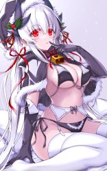 Rule 34 | 1girl, alternate costume, black capelet, black gloves, black headwear, breasts, capelet, christmas, dragon girl, dragon horns, elbow gloves, fate/grand order, fate (series), fur-trimmed capelet, fur-trimmed gloves, fur-trimmed headwear, fur trim, garter belt, gloves, highres, horns, kiyohime (fate), kiyohime (third ascension) (fate), large breasts, long hair, morizono shiki, multiple horns, red eyes, sitting, solo, thighhighs, wariza, white hair, white thighhighs
