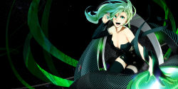 Rule 34 | 1girl, album cover, arm up, bare shoulders, black thighhighs, breasts, buttons, cleavage, cockpit, collarbone, cover, detached sleeves, dress, facial mark, fingernails, glowing, green eyes, green hair, green nails, highres, laughing, lips, long hair, matching hair/eyes, nail polish, neon trim, open mouth, original, pilot chair, poaro, sideboob, sitting, solo, space, star (sky), strapless, strapless dress, texture, thighhighs, zettai ryouiki