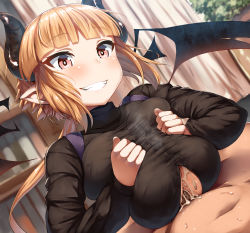 Rule 34 | 1boy, 1girl, bad id, bad pixiv id, bat wings, belko, black shirt, blonde hair, blunt bangs, blush, book, bookshelf, borrowed character, breasts, breasts squeezed together, commentary request, cum, cum on body, cum on breasts, cum on clothes, cum on upper body, demon girl, ejaculation, grin, hetero, highres, horns, indoors, large breasts, long hair, male pubic hair, navel, original, paizuri, paizuri under clothes, parted lips, penis, plant, pointy ears, pubic hair, red eyes, shirt, smile, solo focus, wings