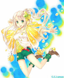 Rule 34 | 1girl, :d, belt, bubble, c.c. lemon, c.c. lemon (character), character name, copyright name, green eyes, hair bobbles, hair ornament, looking at viewer, open mouth, outstretched arm, shorts, side ponytail, silver hair, smile, solo, yamigo