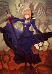 Rule 34 | 1girl, artoria pendragon (fate), blonde hair, bow, breasts, character name, cleavage, copyright name, detached sleeves, dress, excalibur morgan (fate), fate/grand order, fate (series), felix (felix901123), full body, hair bow, highres, looking at viewer, purple dress, saber (fate), saber alter, skeleton, solo, wide sleeves, yellow eyes