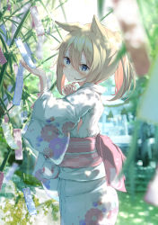 Rule 34 | 1girl, absurdres, animal ear fluff, animal ears, blonde hair, blue eyes, blurry, blurry background, blurry foreground, blush, cat ears, closed mouth, commentary request, day, depth of field, floral print, hair between eyes, hand up, highres, japanese clothes, kimono, long sleeves, looking to the side, obi, original, outdoors, ponytail, print kimono, sash, solo, tanabata, tanzaku, ukiwakisen, white kimono, wide sleeves, yukata