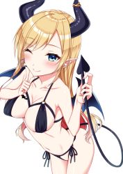 Rule 34 | 1girl, ass, bare shoulders, bat tattoo, bikini, blonde hair, blue eyes, blush, breast tattoo, breasts, closed mouth, collarbone, demon girl, demon horns, demon tail, demon wings, finger to mouth, fuji yoshida, highres, hololive, horn ornament, horns, large breasts, micro bikini, one eye closed, simple background, smile, solo, standing, stomach, striped bikini, striped clothes, swimsuit, tail, tattoo, thick thighs, thighhighs, thighs, virtual youtuber, wings, yuzuki choco