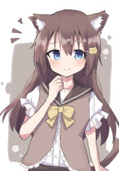Rule 34 | 1girl, animal ears, arm at side, black sailor collar, blue eyes, blush, bow, bowtie, brown hair, brown vest, buttons, cat ears, cat girl, cat hair ornament, cat tail, closed mouth, colon br, frilled vest, frills, hair between eyes, hair ornament, hairclip, hand up, highres, long hair, looking at viewer, notice lines, original, raised eyebrows, sailor collar, shirt, short sleeves, sidelocks, simple background, smile, solo, straight hair, tail, upper body, vest, white background, white shirt, yellow bow, yellow bowtie