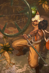 Rule 34 | 1boy, bare shoulders, black eyes, black hair, commentary, curly hair, earphones, english commentary, facial hair, goatee, goggles, goggles around neck, hat, hat over one eye, holding, holding slingshot, holding weapon, long hair, long nose, male focus, on water, one eye covered, one piece, outdoors, realistic, slingshot (weapon), smile, solo, usopp, water, weapon, white hat, young-street