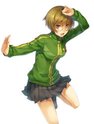 Rule 34 | 1girl, :d, arm up, atlus, breasts, brown eyes, brown hair, female focus, glasses, hagure keg, houndstooth, houndstooth skirt, jacket, lapel pin, open mouth, outstretched arm, persona, persona 4, pleated skirt, satonaka chie, simple background, skirt, smile, solo, track jacket, white background, yellow-framed eyewear, zipper