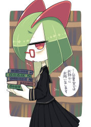 Rule 34 | bags under eyes, black serafuku, black skirt, book, book stack, bookshelf, creatures (company), flying sweatdrops, from side, game freak, gen 3 pokemon, glasses, green hair, highres, holding, holding book, ino (tellu0120), kirlia, library, looking at viewer, nintendo, parted lips, pink eyes, pleated skirt, pokemon, pokemon (creature), school uniform, serafuku, sidelocks, skirt, speech bubble, translation request, unownglyphics