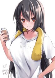 Rule 34 | 1girl, absurdres, alternate costume, artist name, black hair, bottle, casual, chocolate milk, clothes writing, commentary request, dated, highres, holding, kantai collection, long hair, looking at viewer, mashiro yukiya, nagato (kancolle), one-hour drawing challenge, red eyes, shirt, simple background, solo, t-shirt, towel, towel around neck, white background