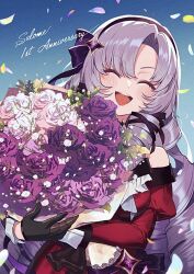 Rule 34 | 1girl, anniversary, bare shoulders, black gloves, black hairband, blush, bouquet, character name, claw ring, closed eyes, dress, drill hair, flower, gloves, hairband, holding, holding bouquet, hyakumantenbara salome, hyakumantenbara salome (1st costume), juliet sleeves, kane yoshi, long hair, long sleeves, nijisanji, open mouth, parted bangs, petals, pink flower, pink rose, puffy sleeves, purple flower, purple hair, purple hairband, purple ribbon, purple rose, red dress, red sleeves, ribbon, rose, smile, solo, virtual youtuber