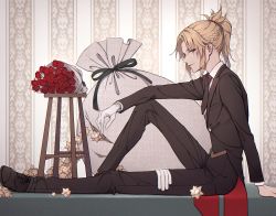 Rule 34 | 1girl, bambi-25, blonde hair, bouquet, braid, chair, collar, collared shirt, fate/apocrypha, fate/grand order, fate (series), flower, formal, french braid, from side, gloves, unworn gloves, green eyes, hair ornament, hair scrunchie, highres, long hair, looking at viewer, mordred (fate), mordred (fate/apocrypha), mordred (formal dress) (fate), necktie, open mouth, pants, ponytail, red flower, red scrunchie, rose, sack, saint quartz (fate), scrunchie, shirt, shoes, sitting, smile, solo, suit