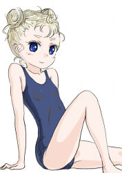 Rule 34 | 1girl, arm support, bare shoulders, blonde hair, blue eyes, blue one-piece swimsuit, blush, breasts, child, chrono cross, closed mouth, collarbone, commentary request, double bun, eyebrows, female focus, from side, hair bun, invisible chair, looking at viewer, marcy (chrono cross), one-piece swimsuit, s-a-murai, school swimsuit, short eyebrows, short hair, simple background, sitting, small breasts, smile, solo, swimsuit, thighs, white background