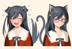 Rule 34 | 1girl, ^ ^, animal ears, black hair, blush, cat ears, cat tail, closed eyes, commentary request, cropped torso, dog ears, dog tail, expressionless, facing viewer, glasses, happy, kemonomimi mode, korean commentary, long hair, looking at viewer, love live!, love live! nijigasaki high school idol club, multiple views, nakagawa nana, namgic, neck ribbon, open mouth, red-framed eyewear, ribbon, simple background, sparkle, tail, tail wagging, upper body, yellow background, yuki setsuna (love live!)