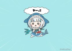 Rule 34 | 1girl, :d, animal hood, blue background, blue hair, blue hoodie, blush stickers, chibi, commentary request, drawstring, emphasis lines, fins, fish tail, full body, gawr gura, gawr gura (1st costume), grey hair, holding, holding polearm, holding weapon, hololive, hololive english, hood, hood up, hoodie, looking at viewer, mitya, multicolored hair, open mouth, polearm, shark hood, shark tail, simple background, smile, solo, streaked hair, tail, translation request, trident, twitter username, v-shaped eyebrows, virtual youtuber, weapon