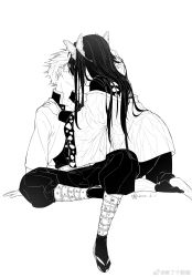 Rule 34 | 1boy, 1girl, arm support, belt, butterfly hair ornament, clothes writing, couple, covered face, facing away, greyscale, hair ornament, tucking hair, hand in own hair, haori, hetero, highres, invisible chair, jacket, japanese clothes, kimetsu no yaiba, kiss, kneeling, kochou kanae, long hair, long sleeves, monochrome, no shoes, off shoulder, pants, pleated pants, sandals, shinazugawa sanemi, simple background, sitting, sunrise rhyme, tabi, talisman, two side up, uniform, white background, wide sleeves, zouri