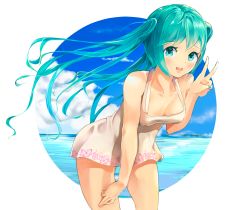 Rule 34 | 00s, 1girl, aqua eyes, aqua hair, blush, breasts, cleavage, cloud, day, dress, female focus, floating hair, hatsune miku, leaning forward, long hair, looking at viewer, matching hair/eyes, mebin, medium breasts, ocean, open mouth, outdoors, sky, solo, standing, twintails, v, vocaloid, water