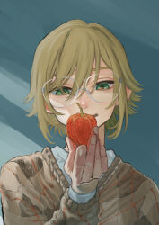 Rule 34 | 1boy, alternate costume, bespectacled, blonde hair, blue background, brown sweater, chinese lantern (plant), commentary request, glasses, green eyes, hand up, koze niire, long sleeves, looking at object, male focus, nijisanji, shirt under sweater, short hair, smile, solo, sweater, upper body, uzuki kou, virtual youtuber