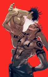 Rule 34 | 2boys, abs, arm tattoo, ass, black nails, chest tattoo, couple, extra eyes, facial tattoo, fushiguro megumi, hand on another&#039;s face, highres, jujutsu kaisen, kagura627, unworn kimono, male focus, multiple boys, muscular, muscular male, nail polish, nipples, nude, pectorals, pink hair, red background, red eyes, ryoumen sukuna (jujutsu kaisen), short hair, shoulder tattoo, sitting, smile, spiked hair, stomach tattoo, tattoo, thighs, topless male, yaoi
