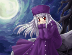 Rule 34 | 00s, 1boy, 1girl, black hair, buttons, coat, colored skin, fate/stay night, fate (series), full moon, grey skin, hands on own cheeks, hands on own face, hat, heracles (fate), illyasviel von einzbern, light smile, long hair, looking at viewer, moon, night, night sky, purple hat, red eyes, silver hair, sitting, sitting on person, sky