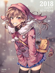 Rule 34 | 1girl, 2018, alternate costume, animal hat, badge, bag, beanie, blue skirt, blurry, blurry background, blush, braid, breath, button badge, casual, character name, clothes writing, coat, cowboy shot, d.va (overwatch), duffel coat, earrings, elbow gloves, facial mark, fur, gloves, hands in pockets, happy new year, hat, highres, jewelry, leaning forward, long hair, long sleeves, looking at viewer, miniskirt, new year, outdoors, overwatch, overwatch 1, panza, pink coat, pink hat, pleated skirt, pom pom (clothes), rabbit hat, shoulder bag, skirt, snowing, solo, standing, stud earrings, tassel, twin braids, whisker markings, winter